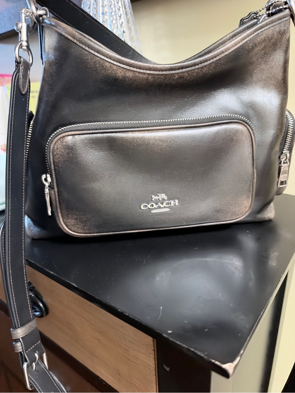 COACH Loved Leather LaurelShoulder Bag with Front Zip Pocket and Silver Hardware